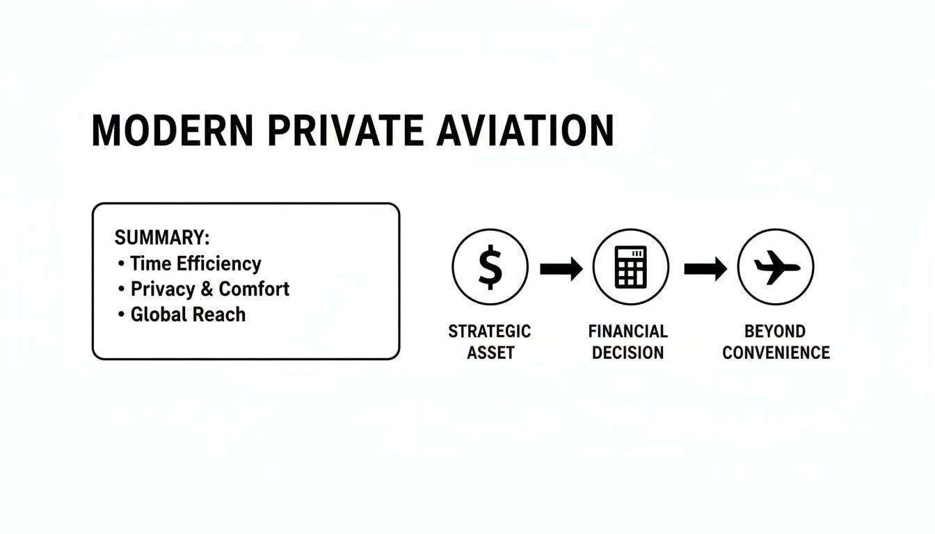 Diagram illustrating modern private aviation benefits: time efficiency, privacy, comfort, global reach, strategic asset, financial decision, and beyond convenience.