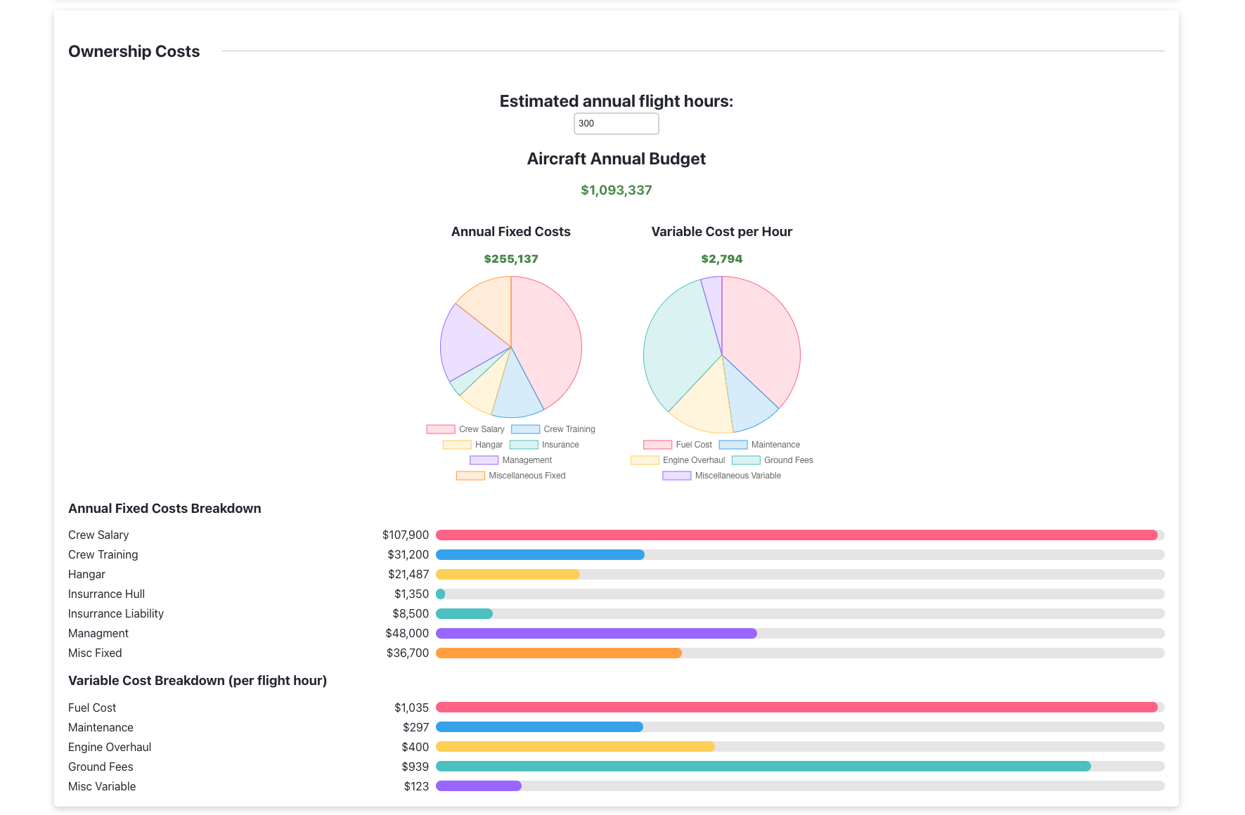 An annual aircraft budget breakdown with fixed and variable cost charts
