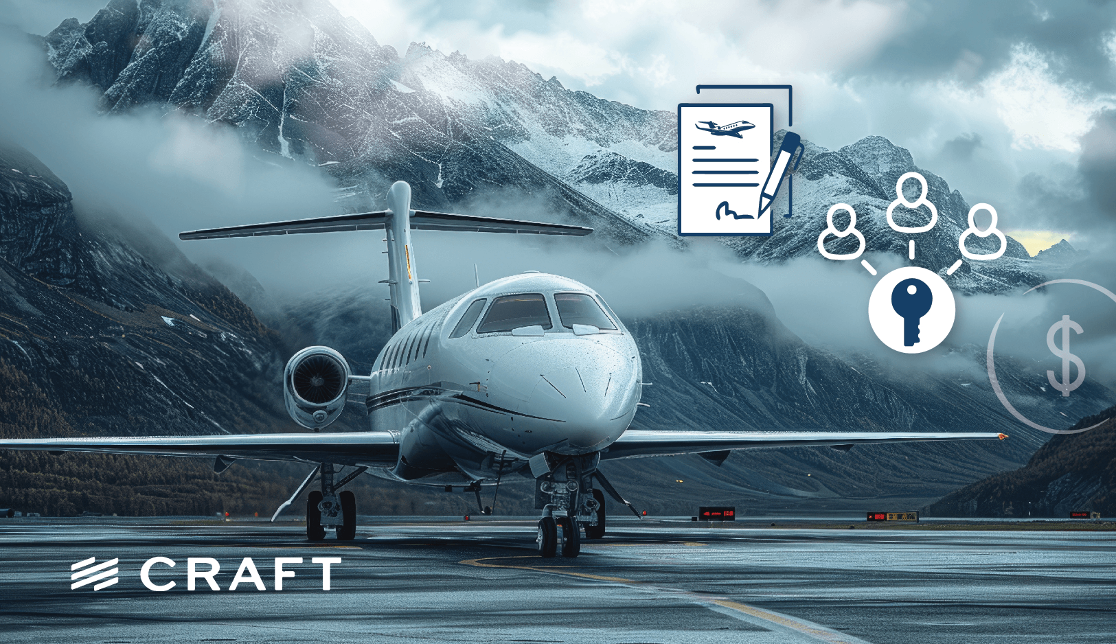 A private jet on a mountain runway with contract, ownership and cost icons overlaid