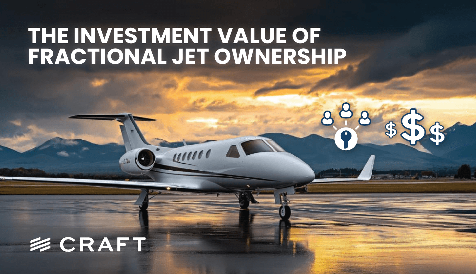 A private jet on a wet ramp at dusk with ownership and dollar icons overlaid