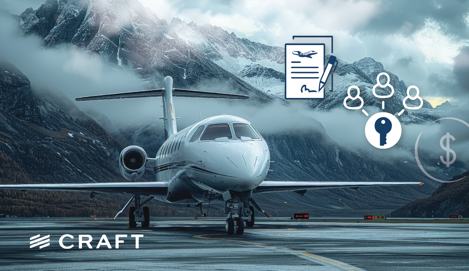 A private jet on a mountain runway with contract, ownership and cost icons overlaid