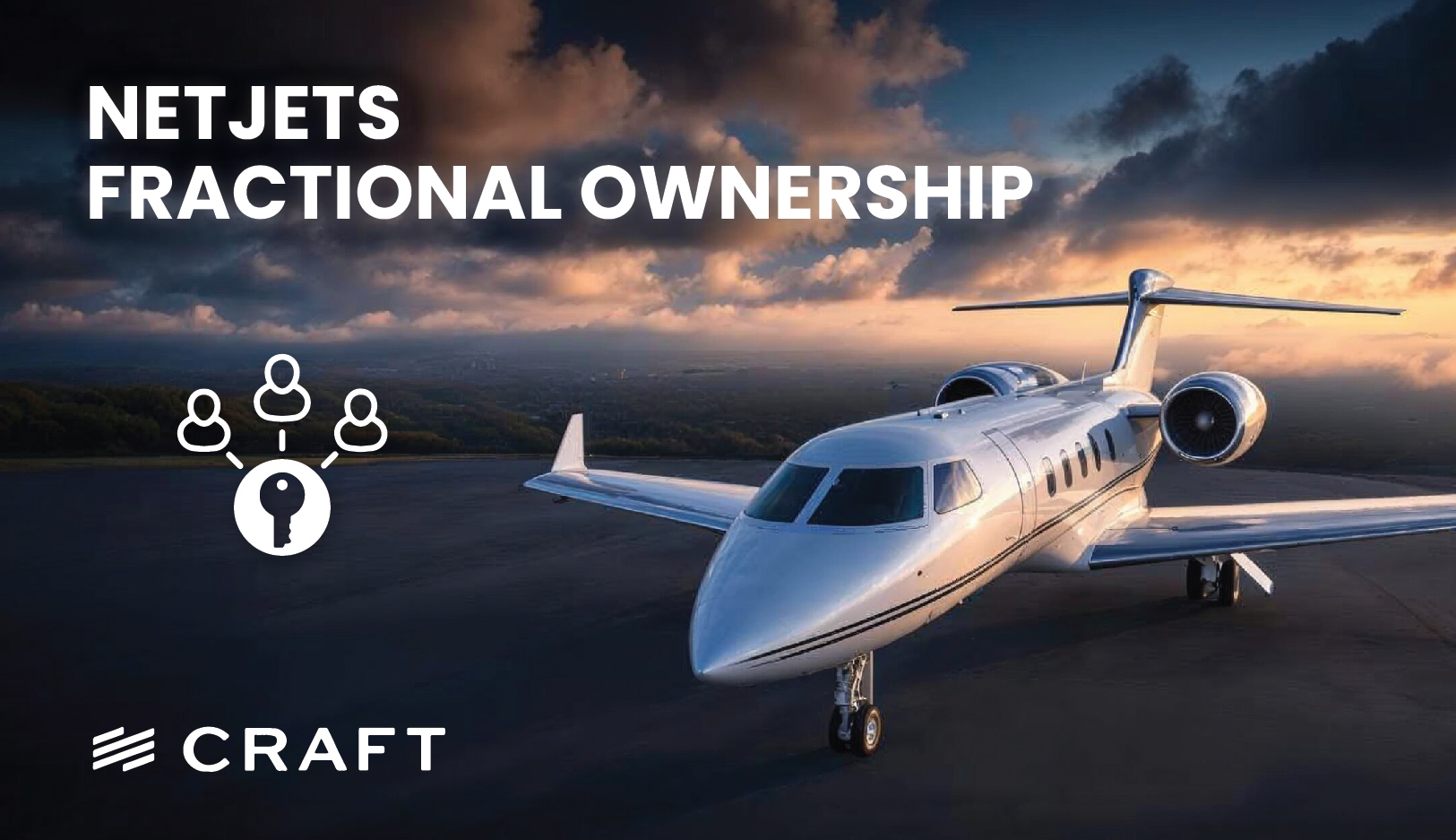 A private jet at sunset with fractional ownership icons under the NetJets Fractional Ownership heading