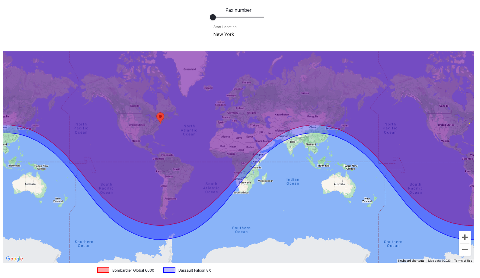 Maximum range of the Bombardier Global 6000 and Dassault Falcon 8X from New York