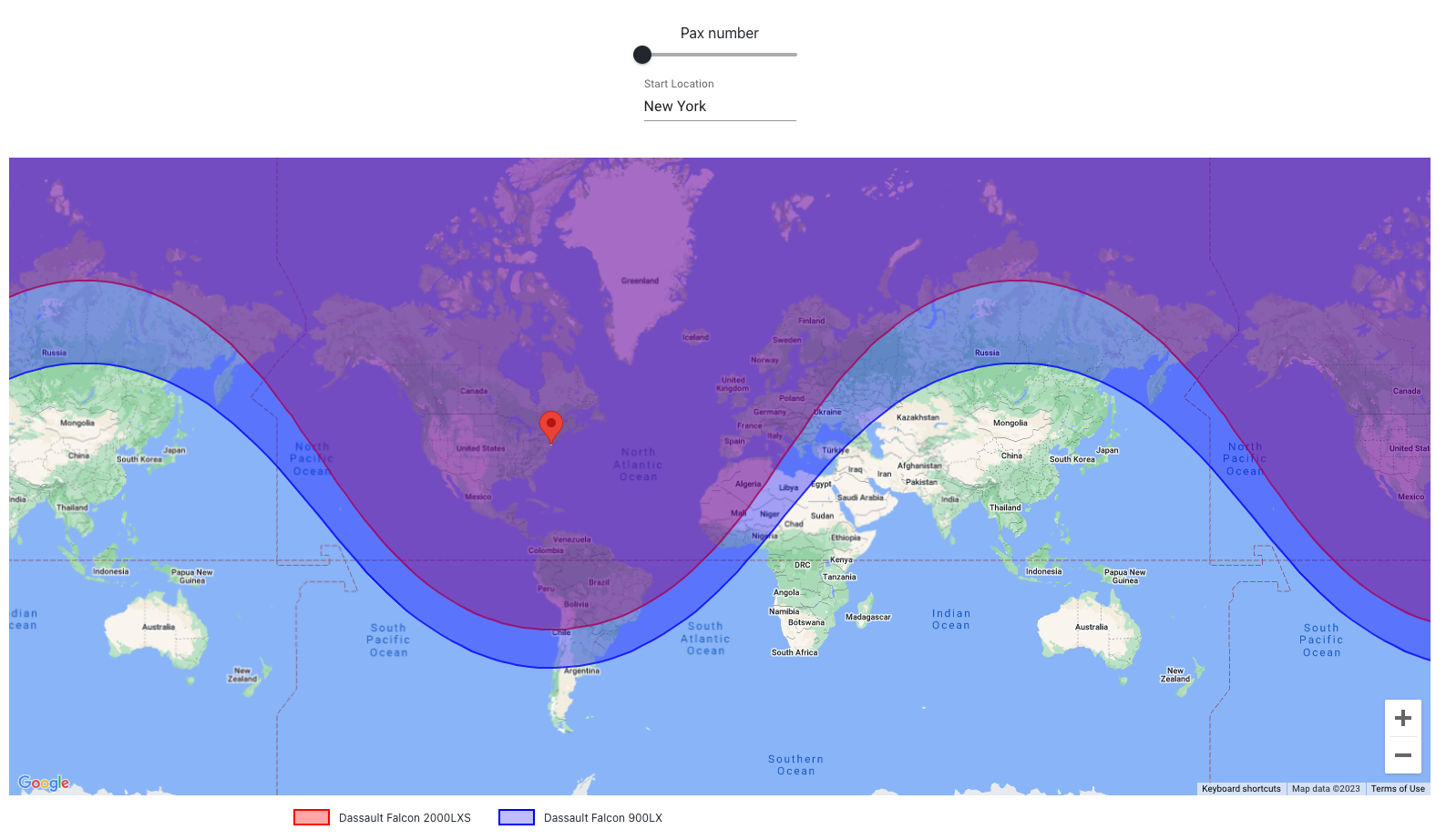 Maximum range of the Dassault Falcon 2000LXS and Dassault Falcon 900LX from New York