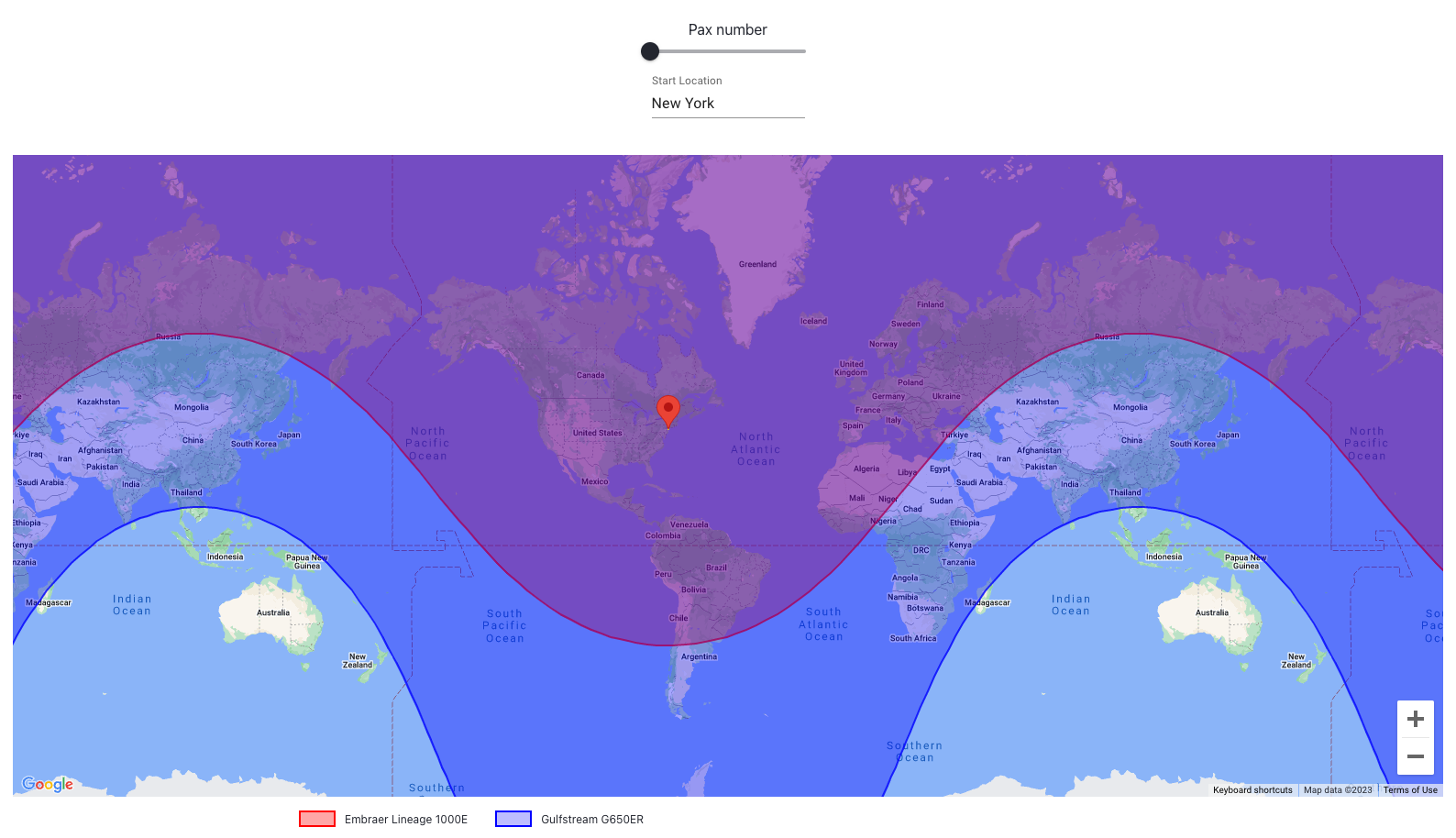 Maximum range of Embraer Lineage 1000E and Gulfstream G650ER from New York