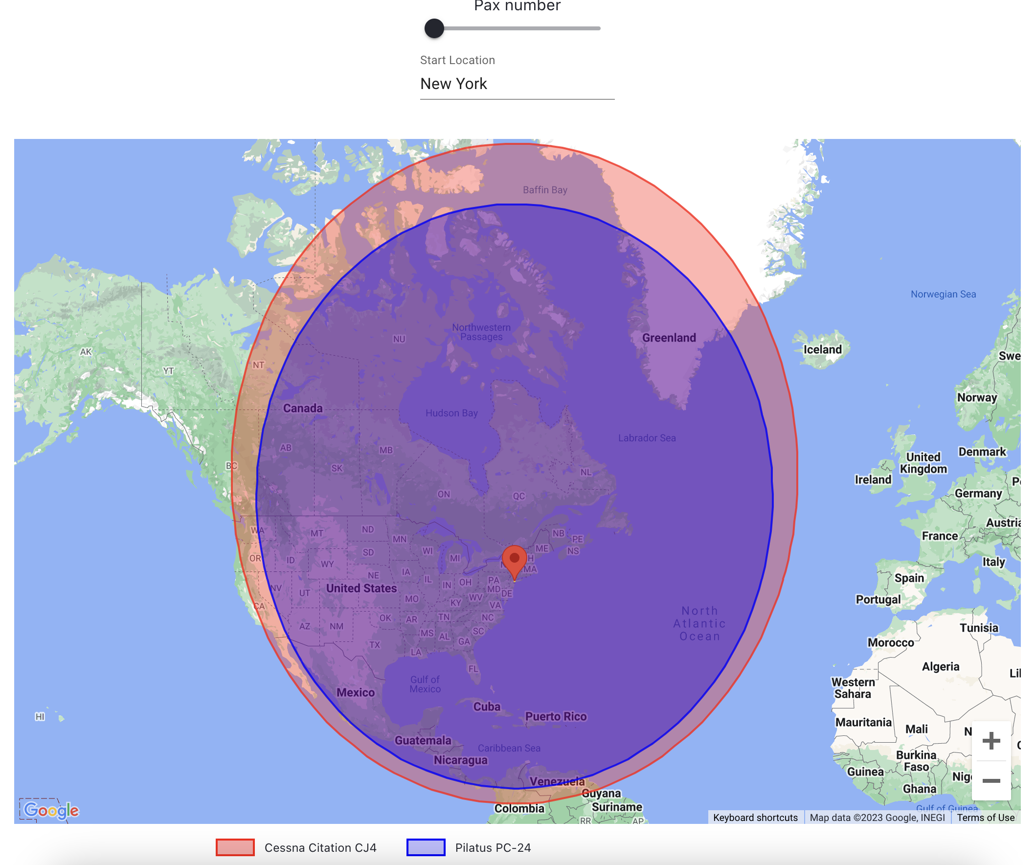 Maximum range of the Cessna Citation CJ4 and Pilatus PC-24 from New York