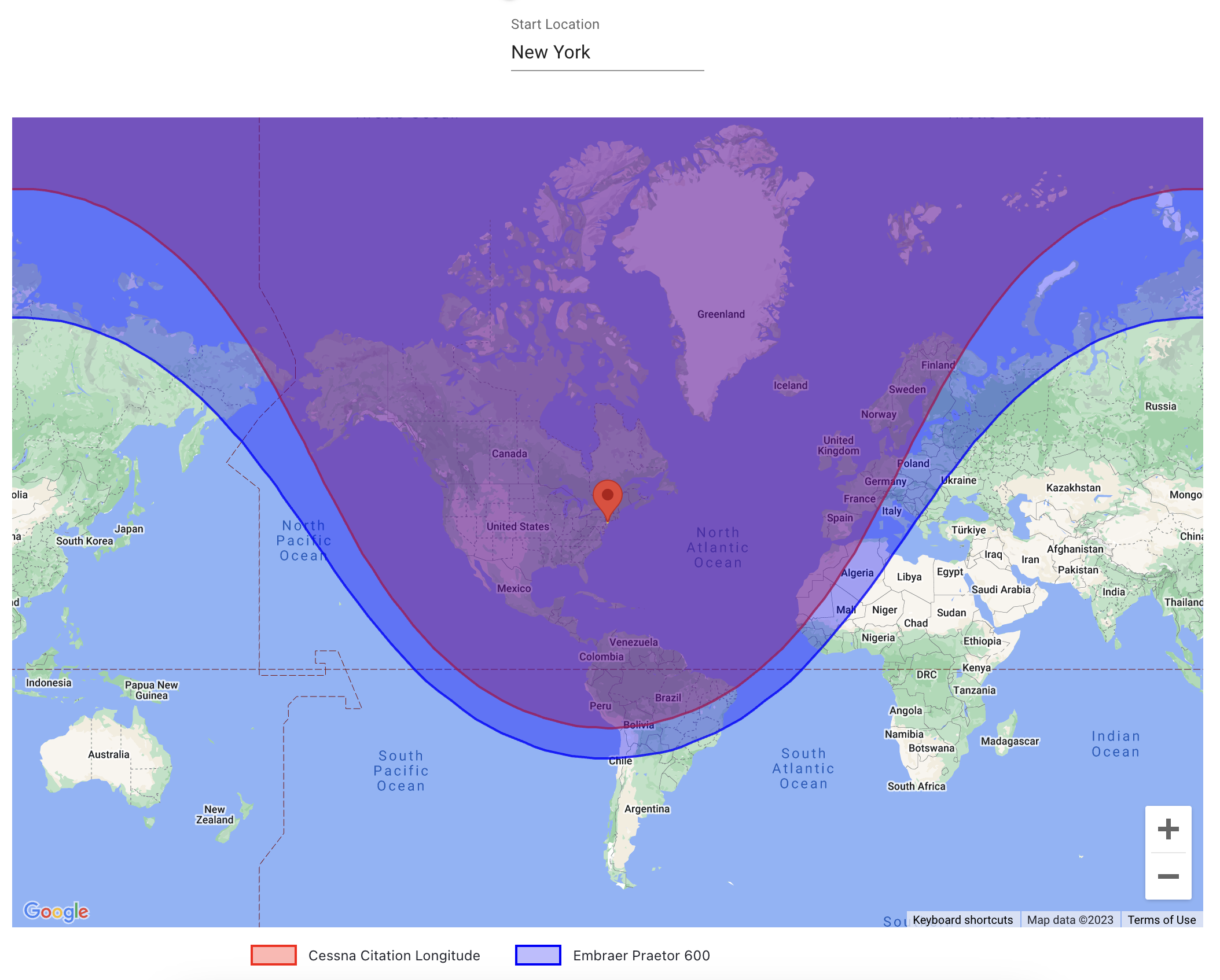 Maximum range of Cessna Citation Longitude and Embraer Praetor 600 starting from New York City