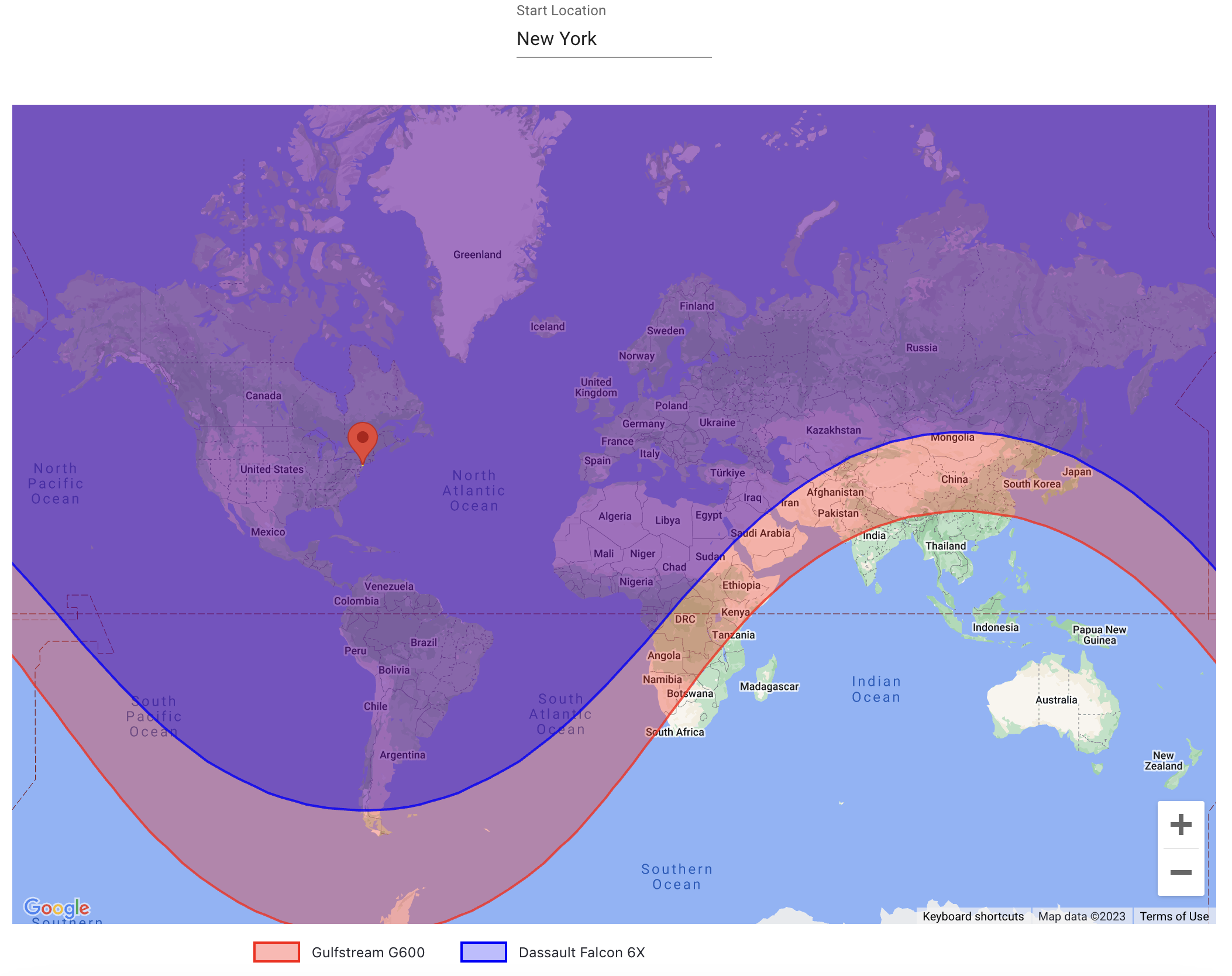 Maximum range of Gulfstream G600 and Dassault Falcon 6X starting in New York City