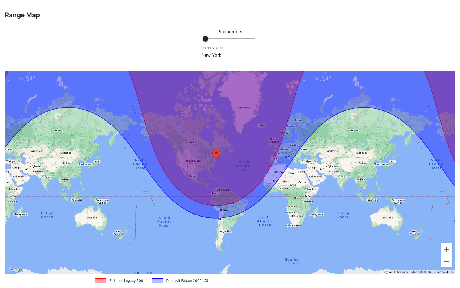Maximum range of Legacy 500 and Falcon 2000LXS starting from New York