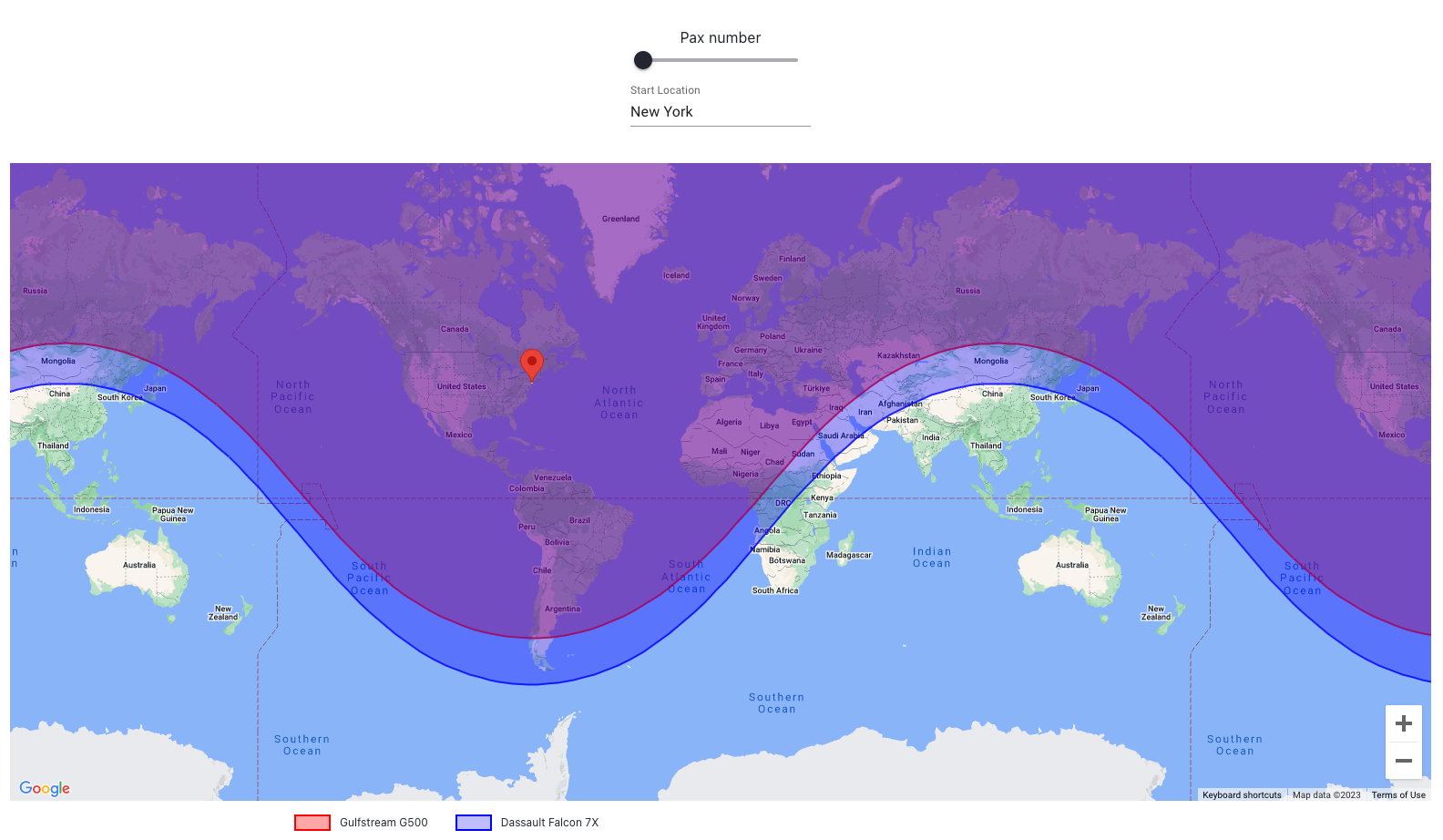 Maximum range of Gulfstream G500 and Dassault Falcon 7X starting from New York City