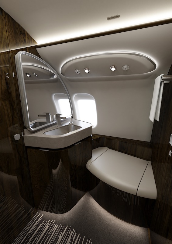 Bombardier Challenger 650 Interior fully enclosed lavatory with a full size toilet and sink