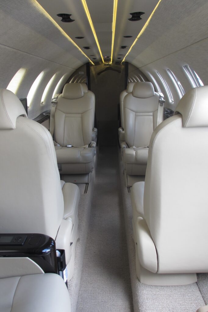 Cessna Citation CJ4 interior from the front looking towards the rear of the cabin