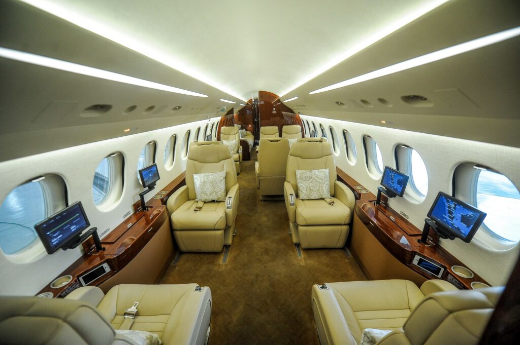 Interior of Dassault Falcon 8x aircraft private jet at Subang Jaya Airport