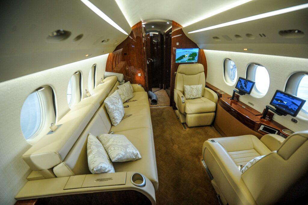 Interior of Dassault Falcon 8x of rear of cabin with divan at Subang Jaya Airport