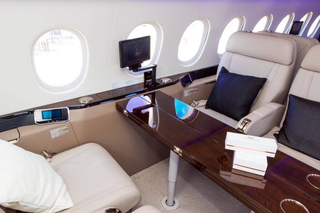 Modern interior of the Dassault Falcon 900LX business jet at the Paris Air Show 2017