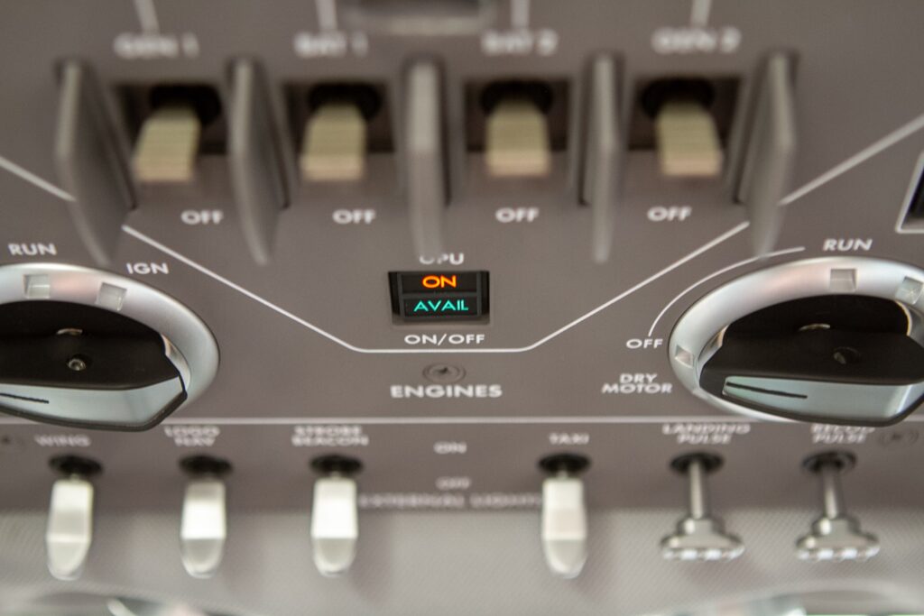 Pilatus PC-24 cockpit overhead panel switches up close