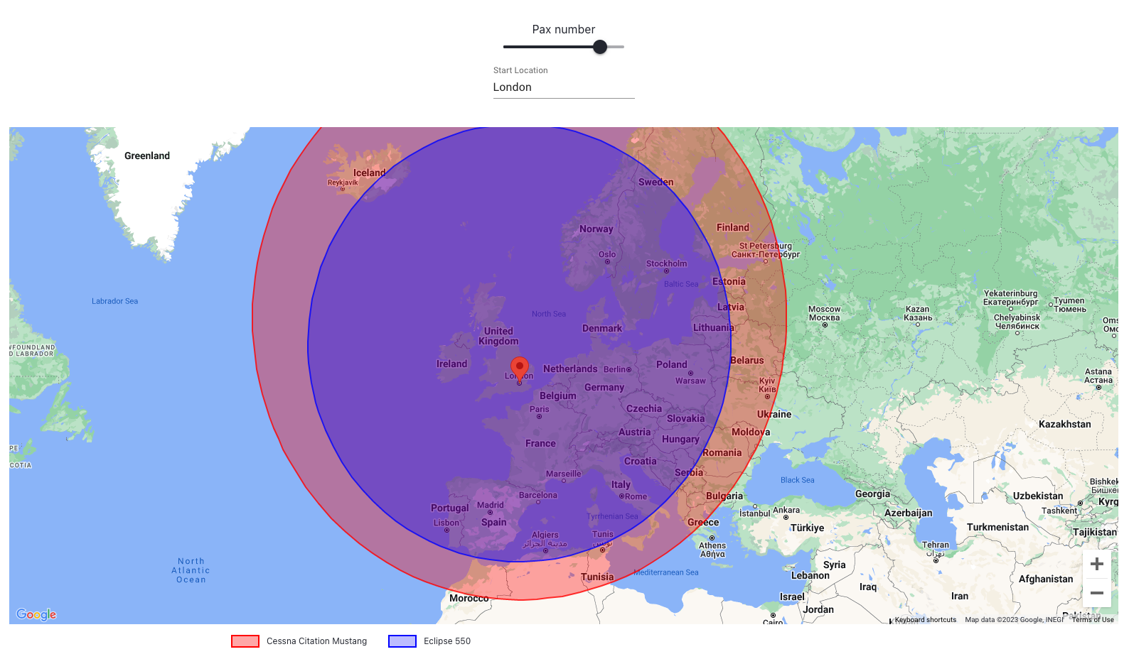 Maximum range of Cessna Citation Mustang and Eclipse 550 from London with 4 passengers onboard